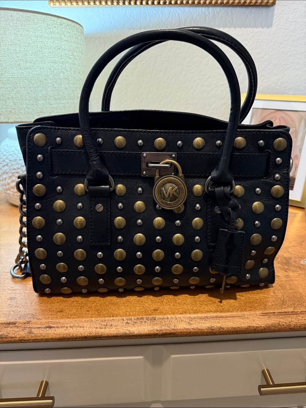 Michael Kors Black Leather Studded Satchel with Gold Accents
